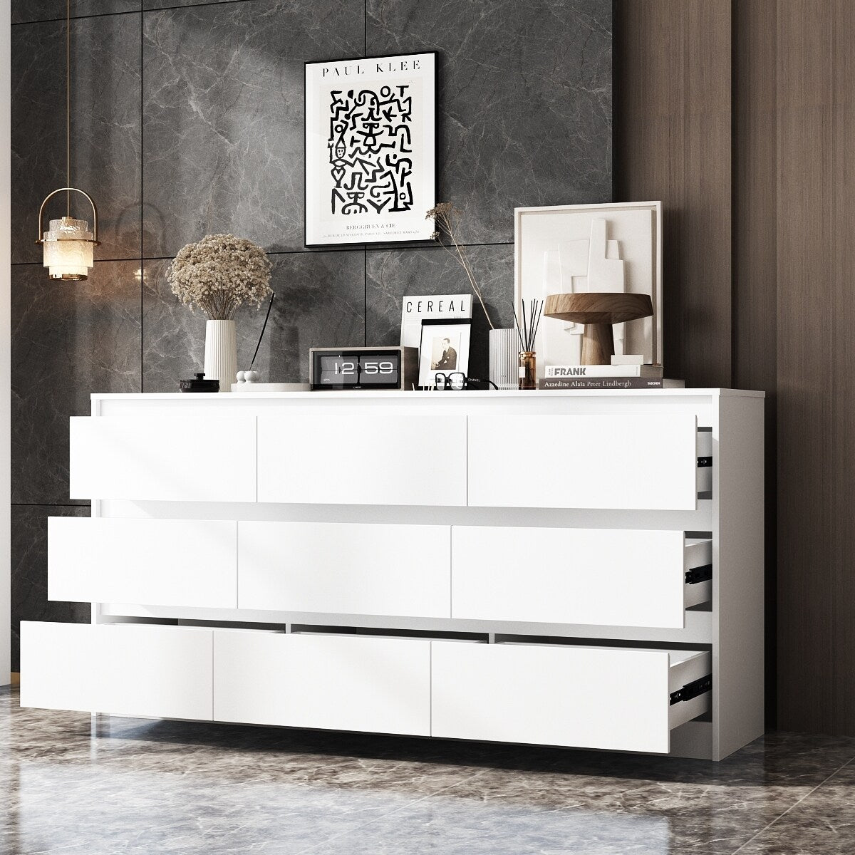 Commode 63W à 9 tiroirs, commode d'appoint pour salon et chambre à coucher.