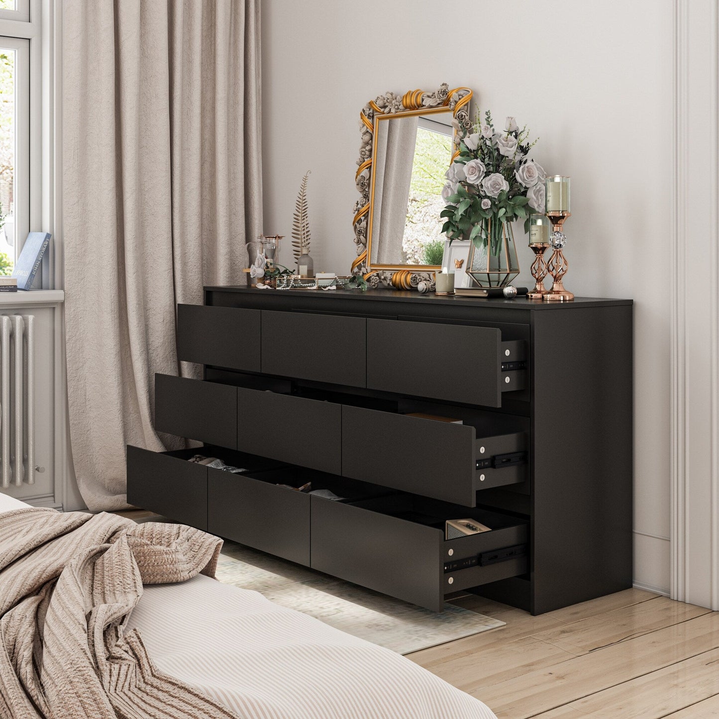 Commode 63W à 9 tiroirs, commode d'appoint pour salon et chambre à coucher.