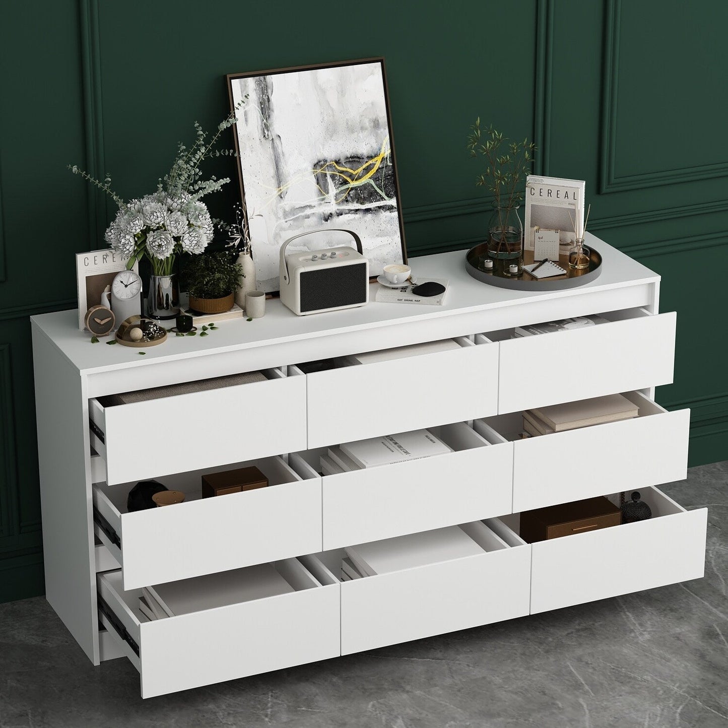 Commode 63W à 9 tiroirs, commode d'appoint pour salon et chambre à coucher.