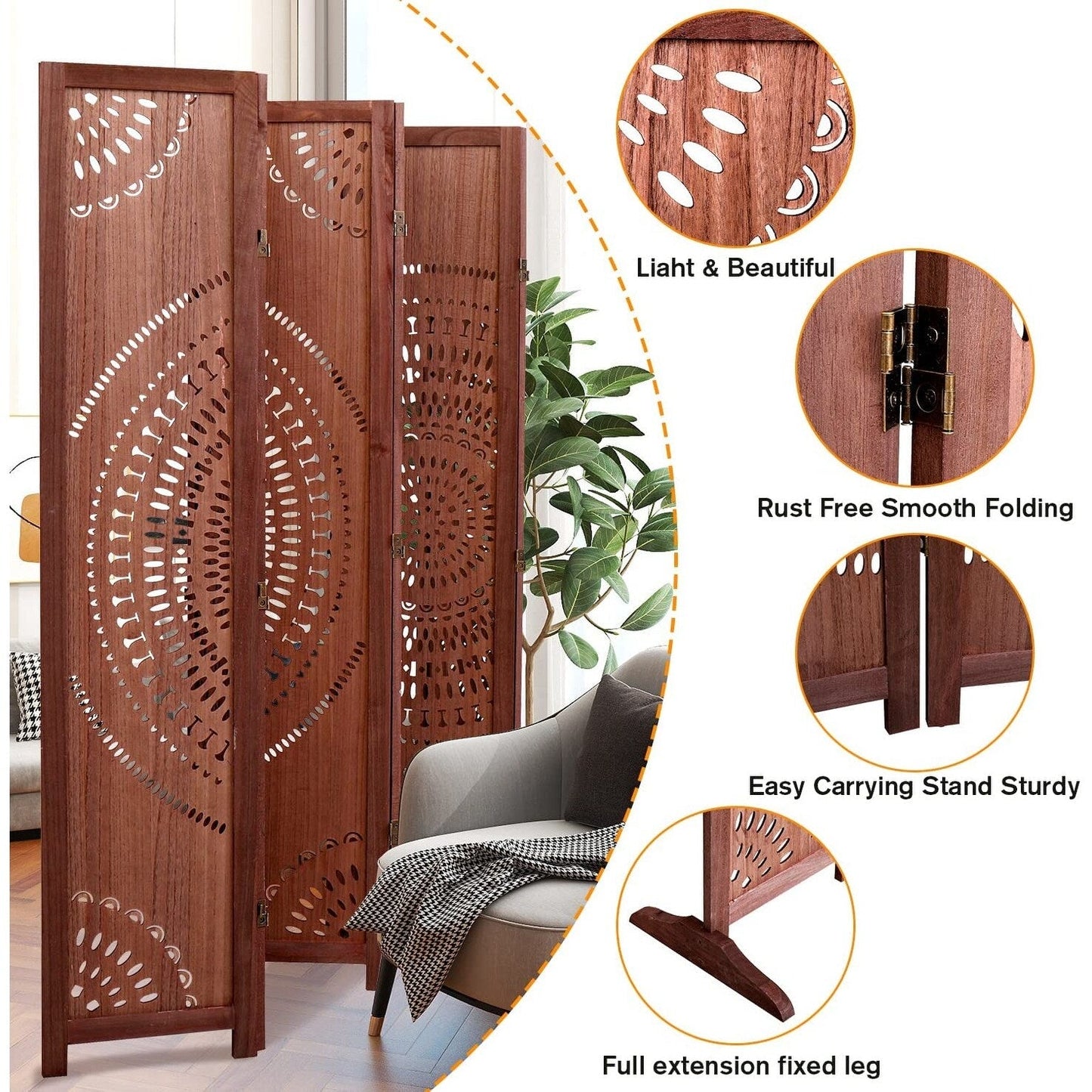 Paravent pliable en bois massif de 165 cm de hauteur
