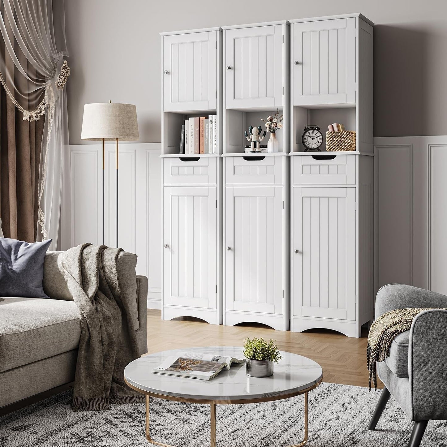Armoire à linge de salle de bain étroite de 170 cm de hauteur, armoire de rangement autoportante en bois massif à 5 niveaux.