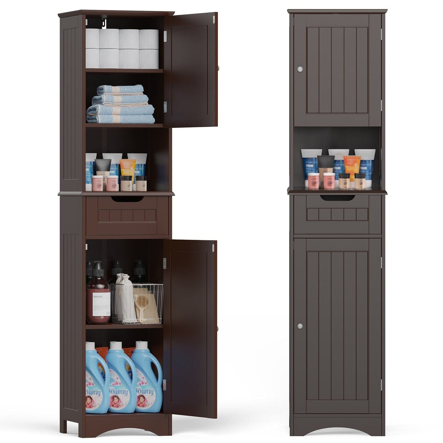 Armoire à linge de salle de bain étroite de 170 cm de hauteur, armoire de rangement autoportante en bois massif à 5 niveaux.