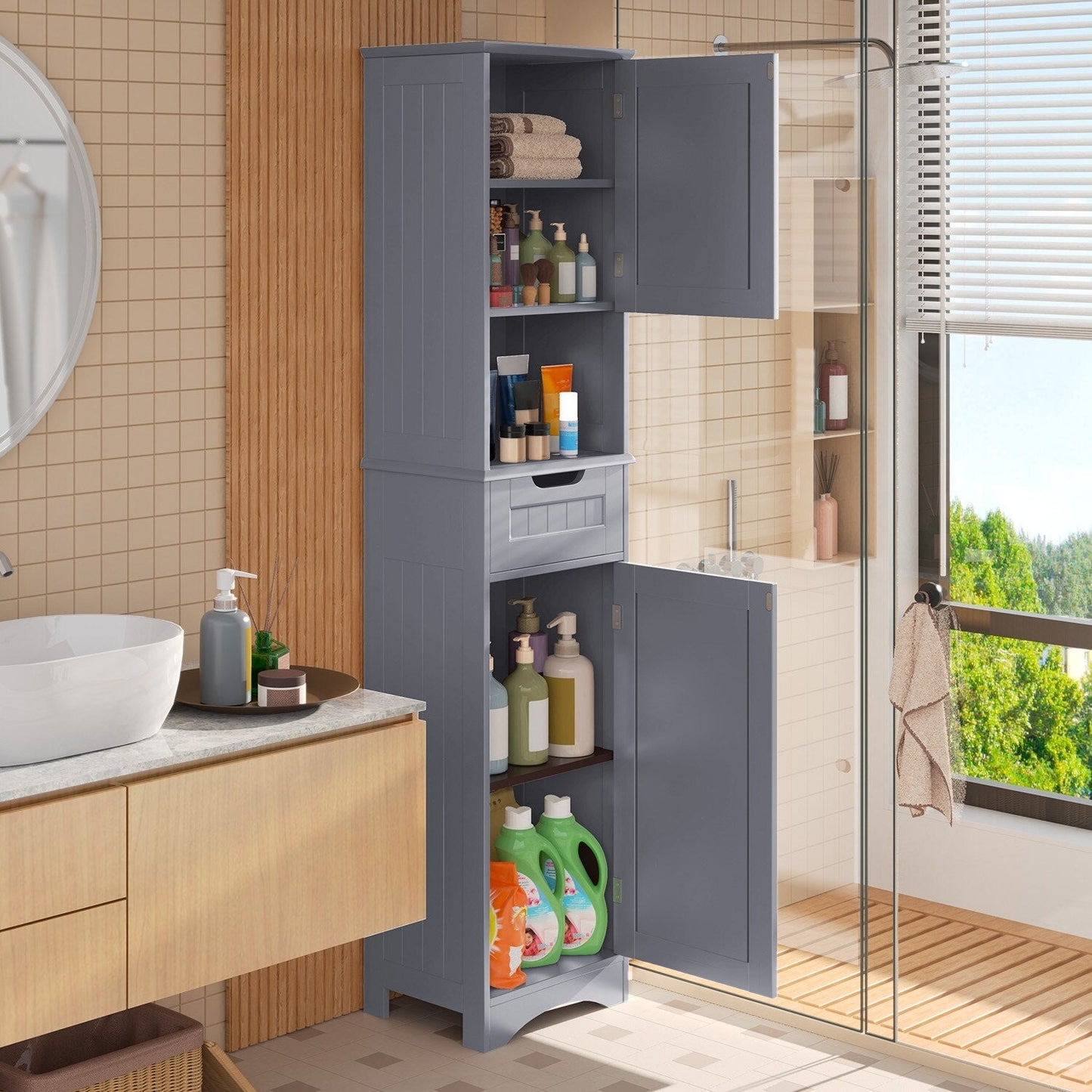 Armoire à linge de salle de bain étroite de 170 cm de hauteur, armoire de rangement autoportante en bois massif à 5 niveaux.
