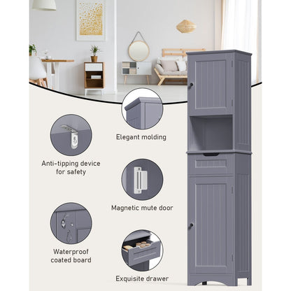 Armoire à linge de salle de bain étroite de 170 cm de hauteur, armoire de rangement autoportante en bois massif à 5 niveaux.