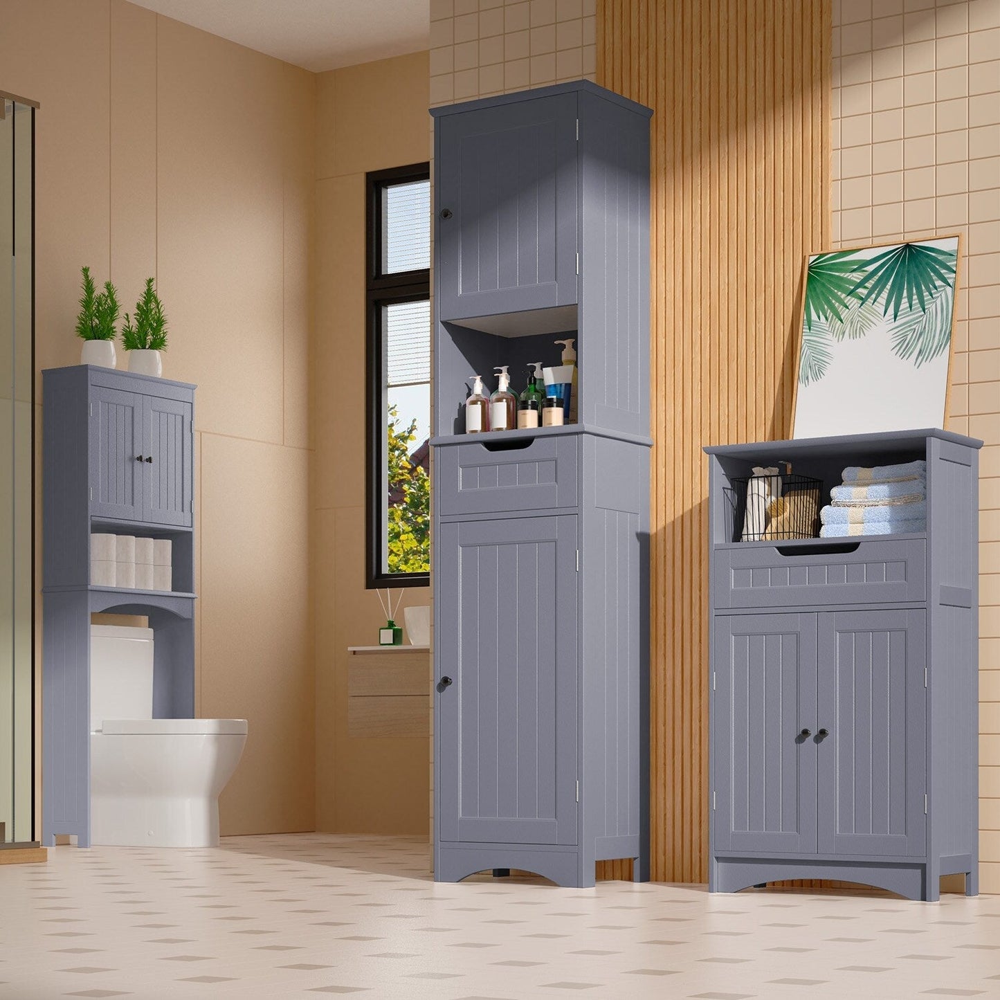 Armoire à linge de salle de bain étroite de 170 cm de hauteur, armoire de rangement autoportante en bois massif à 5 niveaux.