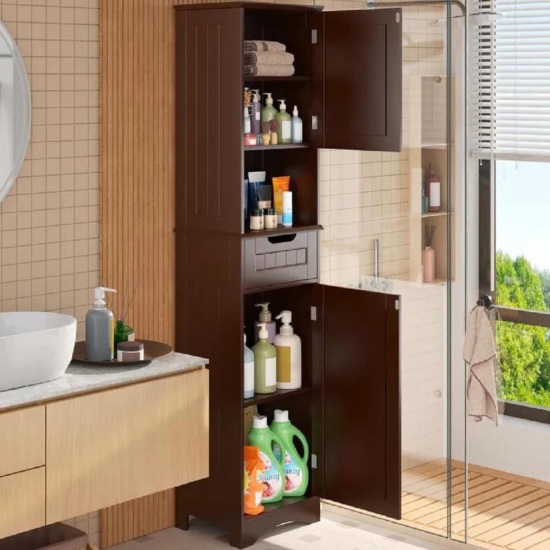 Armoire à linge de salle de bain étroite de 170 cm de hauteur, armoire de rangement autoportante en bois massif à 5 niveaux.