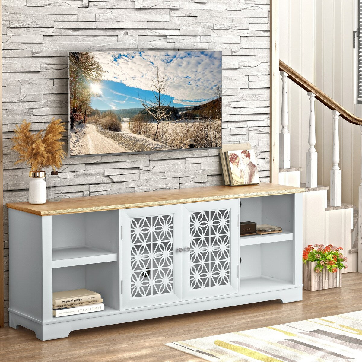 Meuble TV mural décoratif à motif floral rustique de 70 pouces pour téléviseurs jusqu'à 80 pouces