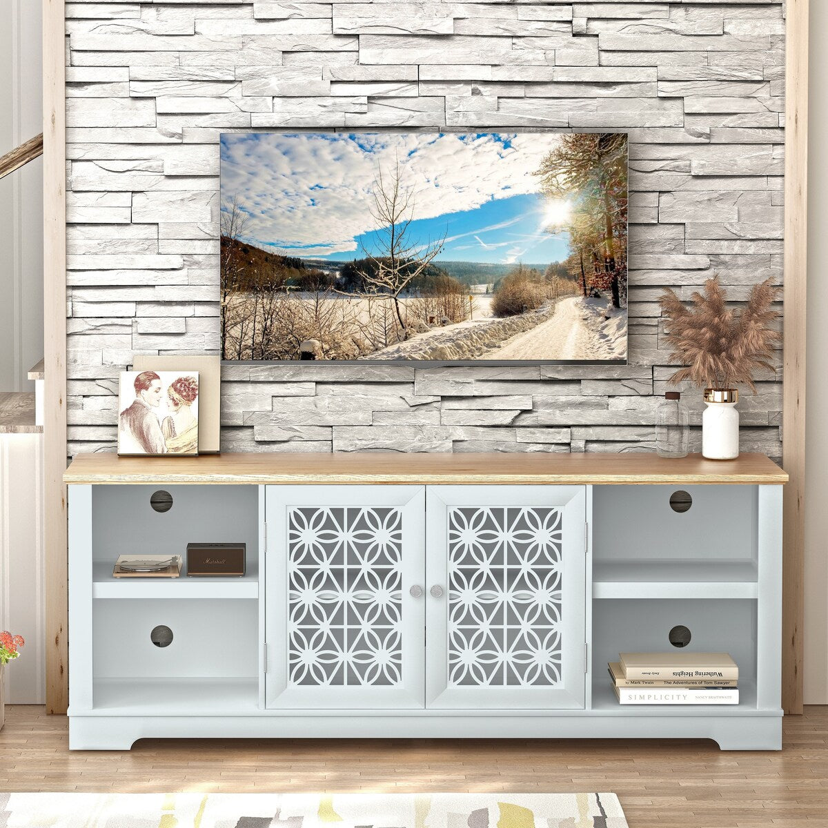 Meuble TV mural décoratif à motif floral rustique de 70 pouces pour téléviseurs jusqu'à 80 pouces