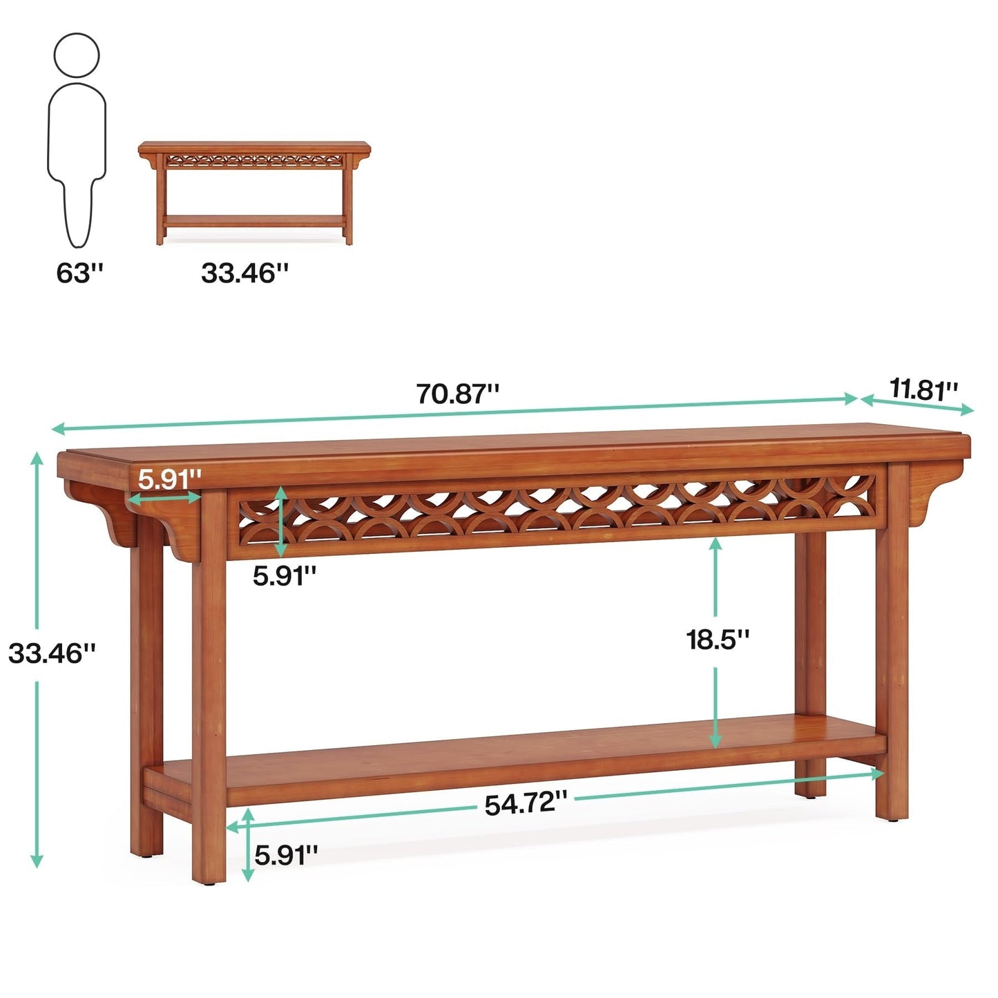 Table console longue de 179,5 cm en bois massif style farmhouse, à utiliser comme table de canapé.
