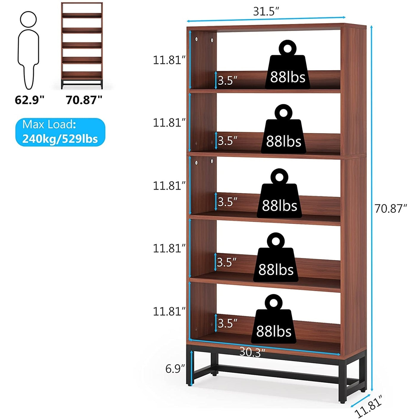 Étagère à livres et bibliothèque de 179,5 cm de hauteur, grande bibliothèque à 5 niveaux - 30 x 80 x 179,5 cm (L x l x h)