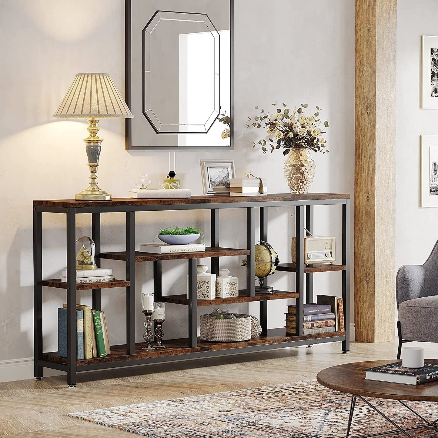 Table console de 180 cm avec rangement, table d'entrée à 3 niveaux pour couloir