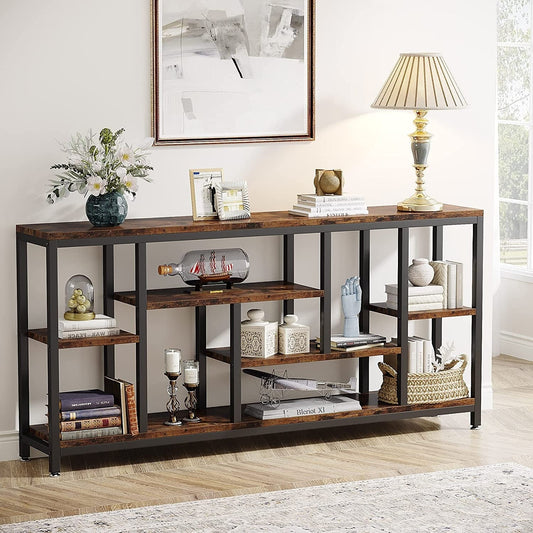 Table console de 180 cm avec rangement, table d'entrée à 3 niveaux pour couloir