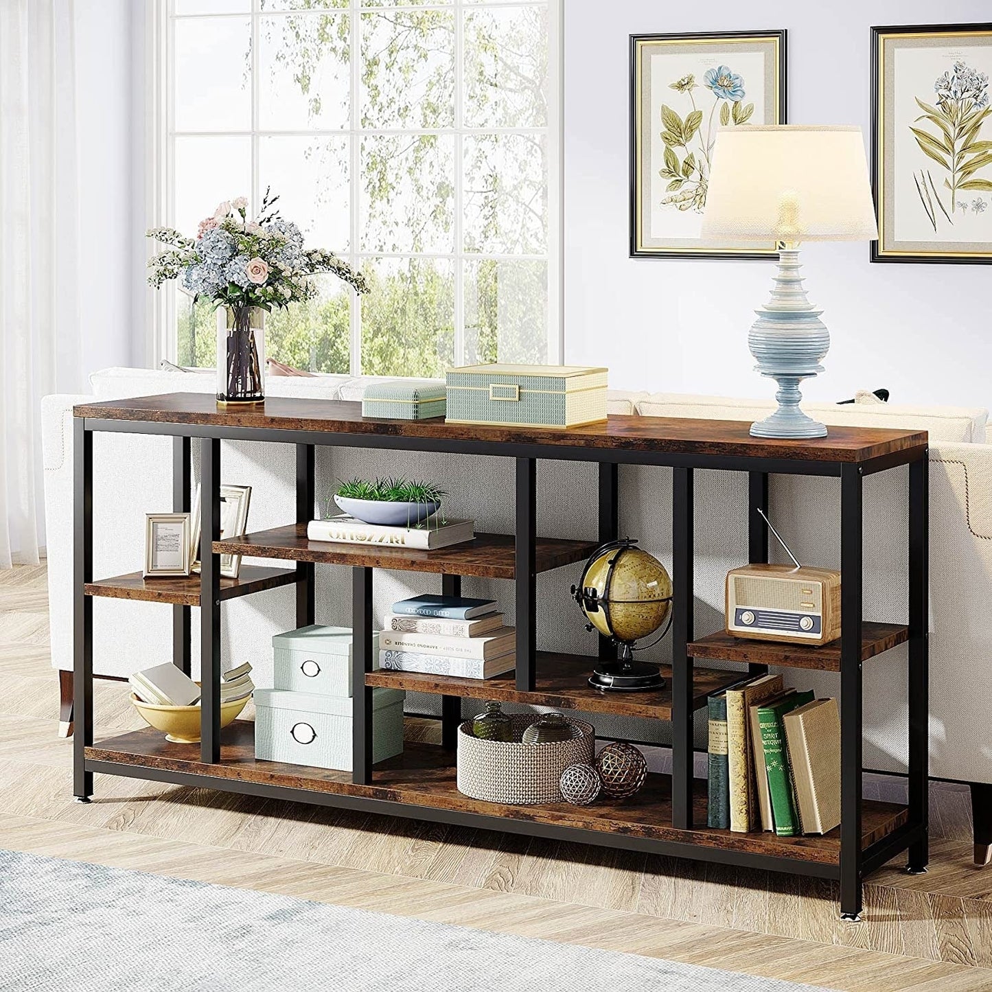 Table console de 180 cm avec rangement, table d'entrée à 3 niveaux pour couloir
