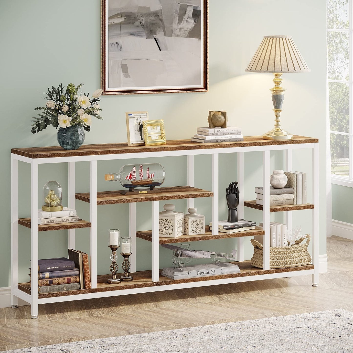 Table console de 180 cm avec rangement, table d'entrée à 3 niveaux pour couloir