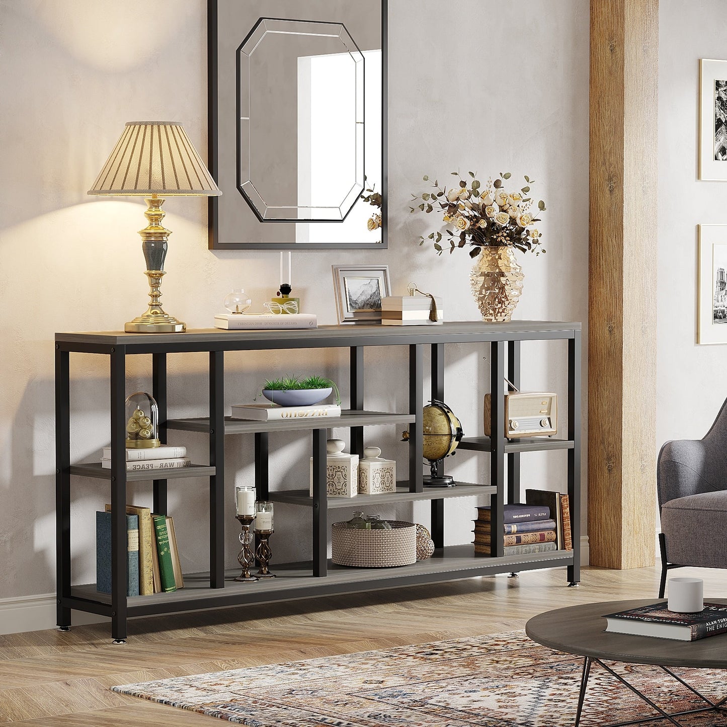 Table console de 180 cm avec rangement, table d'entrée à 3 niveaux pour couloir