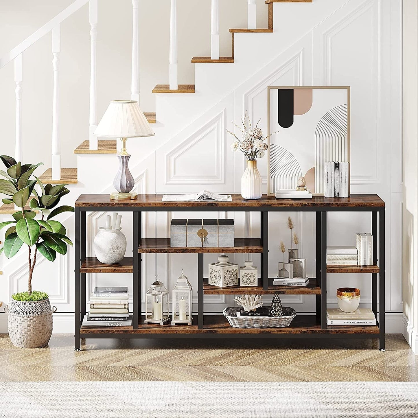 Table console de 180 cm avec rangement, table d'entrée à 3 niveaux pour couloir