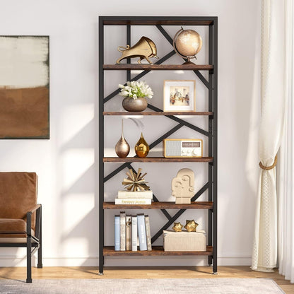 Étagère à livres industrielle de 71 pouces, bibliothèque en bois rustique brun à 6 niveaux, étagères ouvertes.