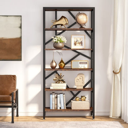 Étagère à livres industrielle de 71 pouces, bibliothèque en bois rustique brun à 6 niveaux, étagères ouvertes.