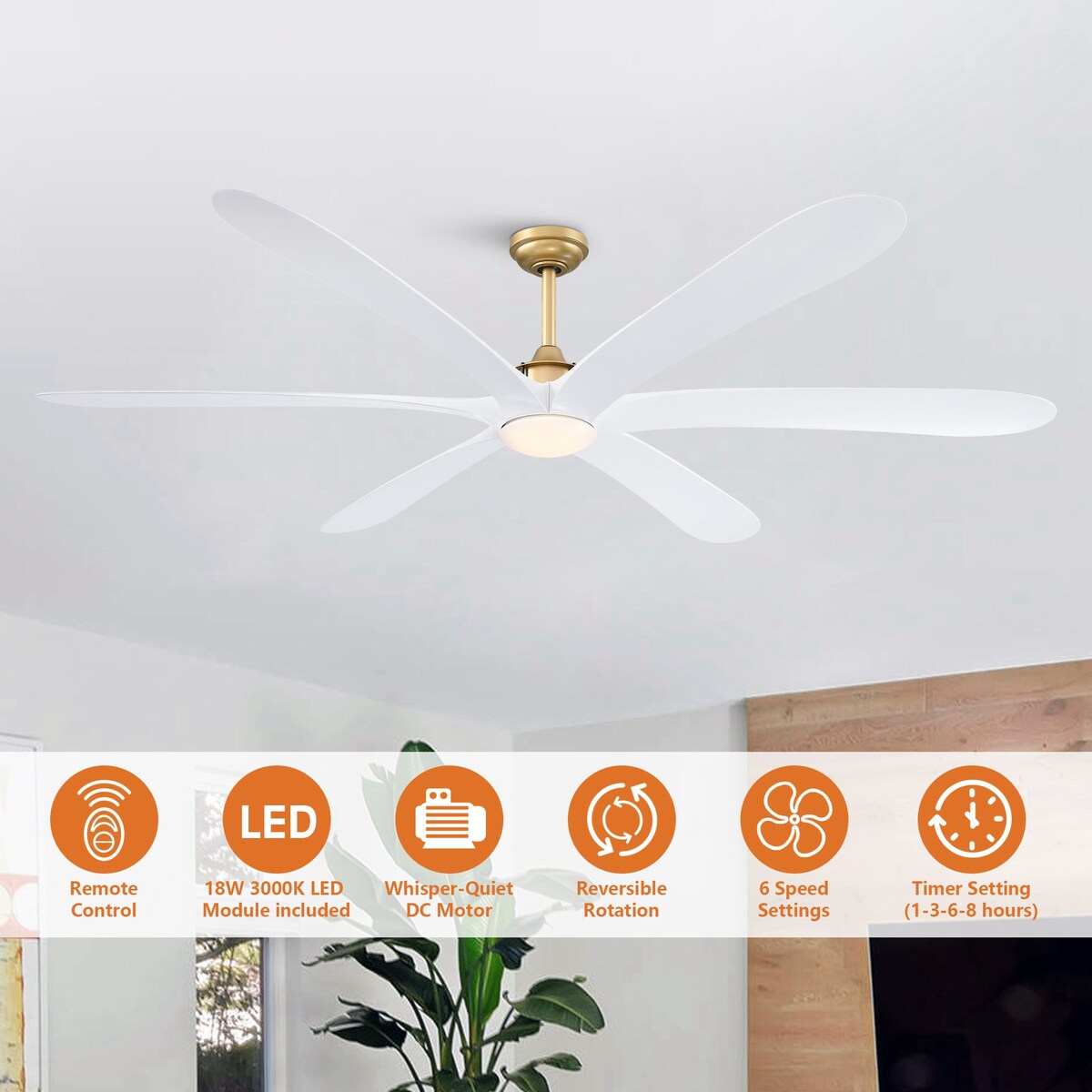 Ventilateur de plafond DC à 6 pales de 183 cm (72 pouces) en bois flotté avec éclairage et télécommande