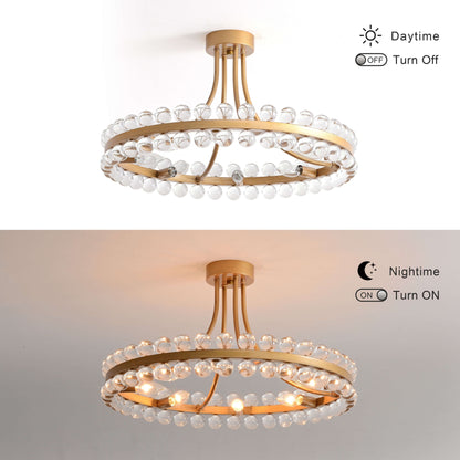Suspension semi-encastrée Elvira à 8 lumières en forme de roue de charrette avec cristaux