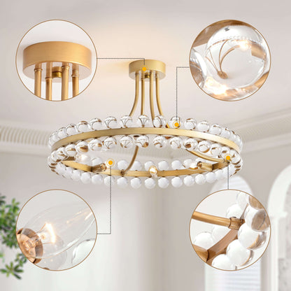 Suspension semi-encastrée Elvira à 8 lumières en forme de roue de charrette avec cristaux