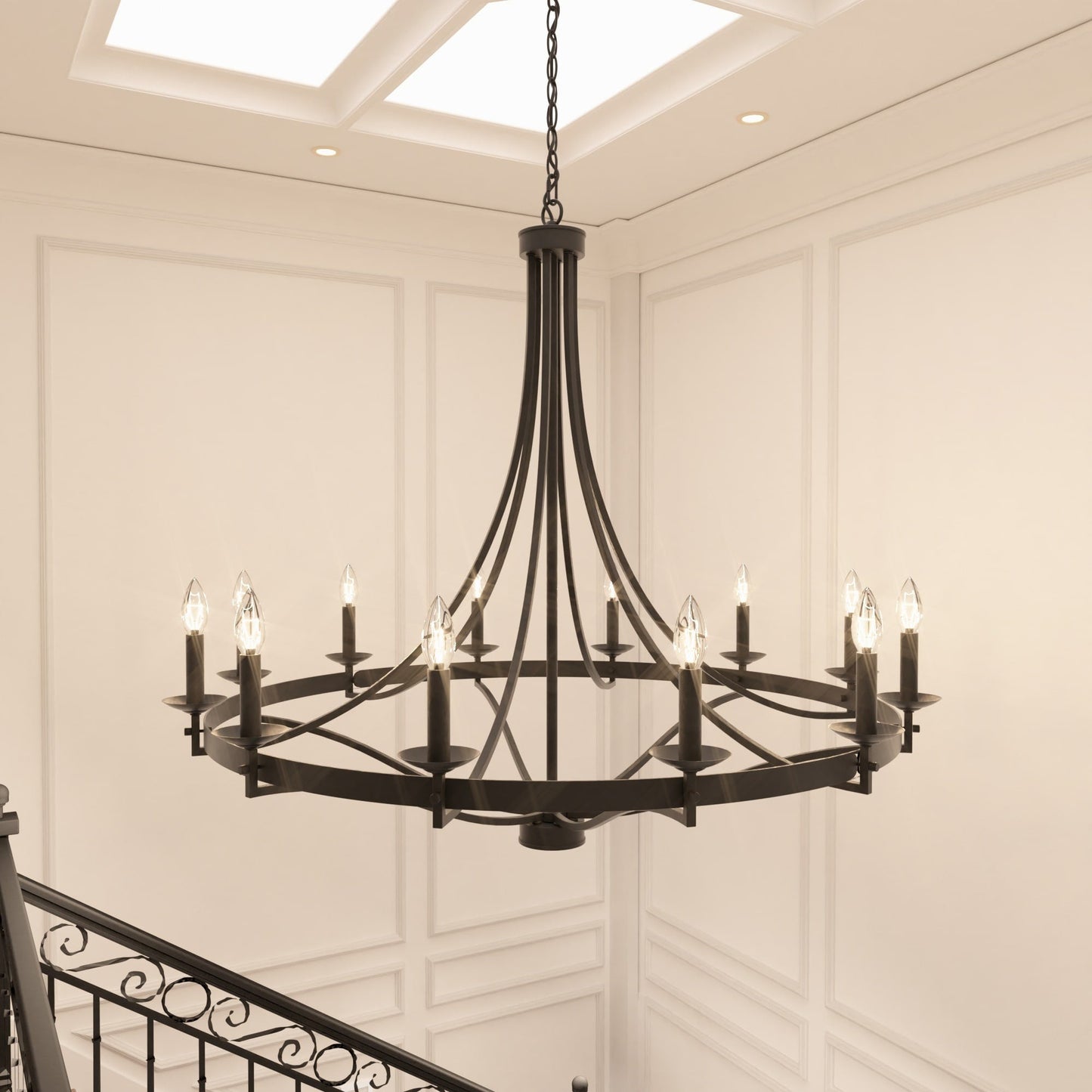 Luminaire à 12 lumières Fidenza, style ferme moderne, en forme de roue de chariot d'empire, avec certification UL - Diamètre 40'' * Hauteur 135''