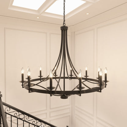 Luminaire à 12 lumières Fidenza, style ferme moderne, en forme de roue de chariot d'empire, avec certification UL - Diamètre 40'' * Hauteur 135''
