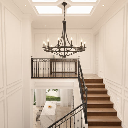 Luminaire à 12 lumières Fidenza, style ferme moderne, en forme de roue de chariot d'empire, avec certification UL - Diamètre 40'' * Hauteur 135''