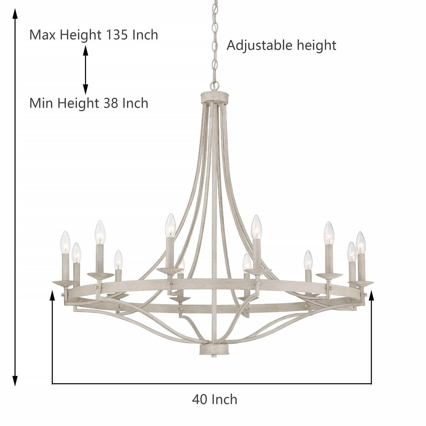 Luminaire à 12 lumières Fidenza, style ferme moderne, en forme de roue de chariot d'empire, avec certification UL - Diamètre 40'' * Hauteur 135''
