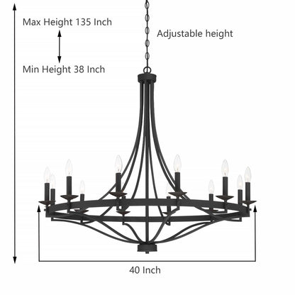 Luminaire à 12 lumières Fidenza, style ferme moderne, en forme de roue de chariot d'empire, avec certification UL - Diamètre 40'' * Hauteur 135''