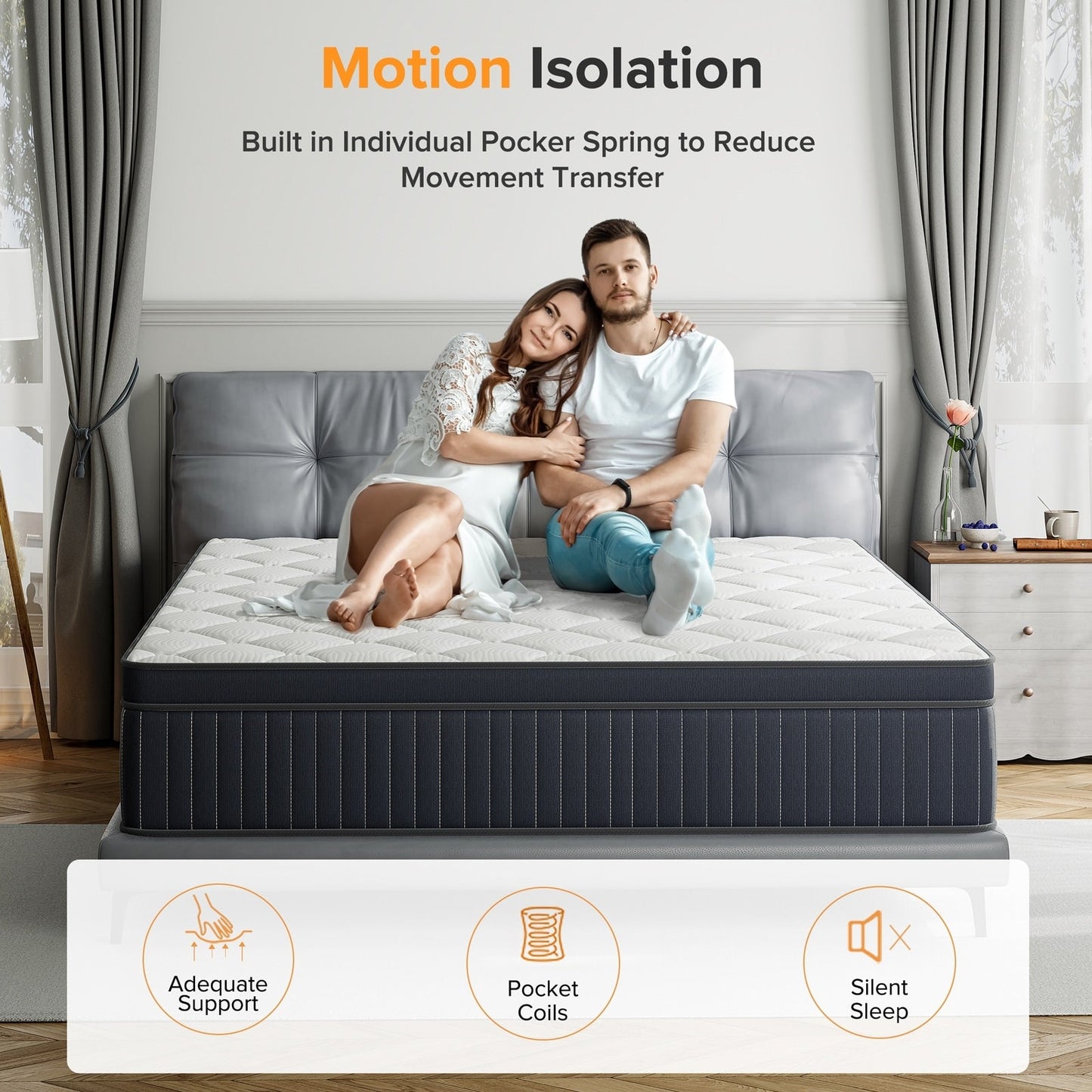 Matelas hybride SweDrea à ressorts avec mousse à mémoire de forme au gel, surcouche de 30 cm (12 po) et niveau de fermeté moyen, certifié CertiPUR-US, SGS et OEKO-TEX.