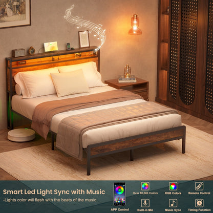 Cadre de lit plateforme en bois de style farmhouse avec station de recharge et lumières LED