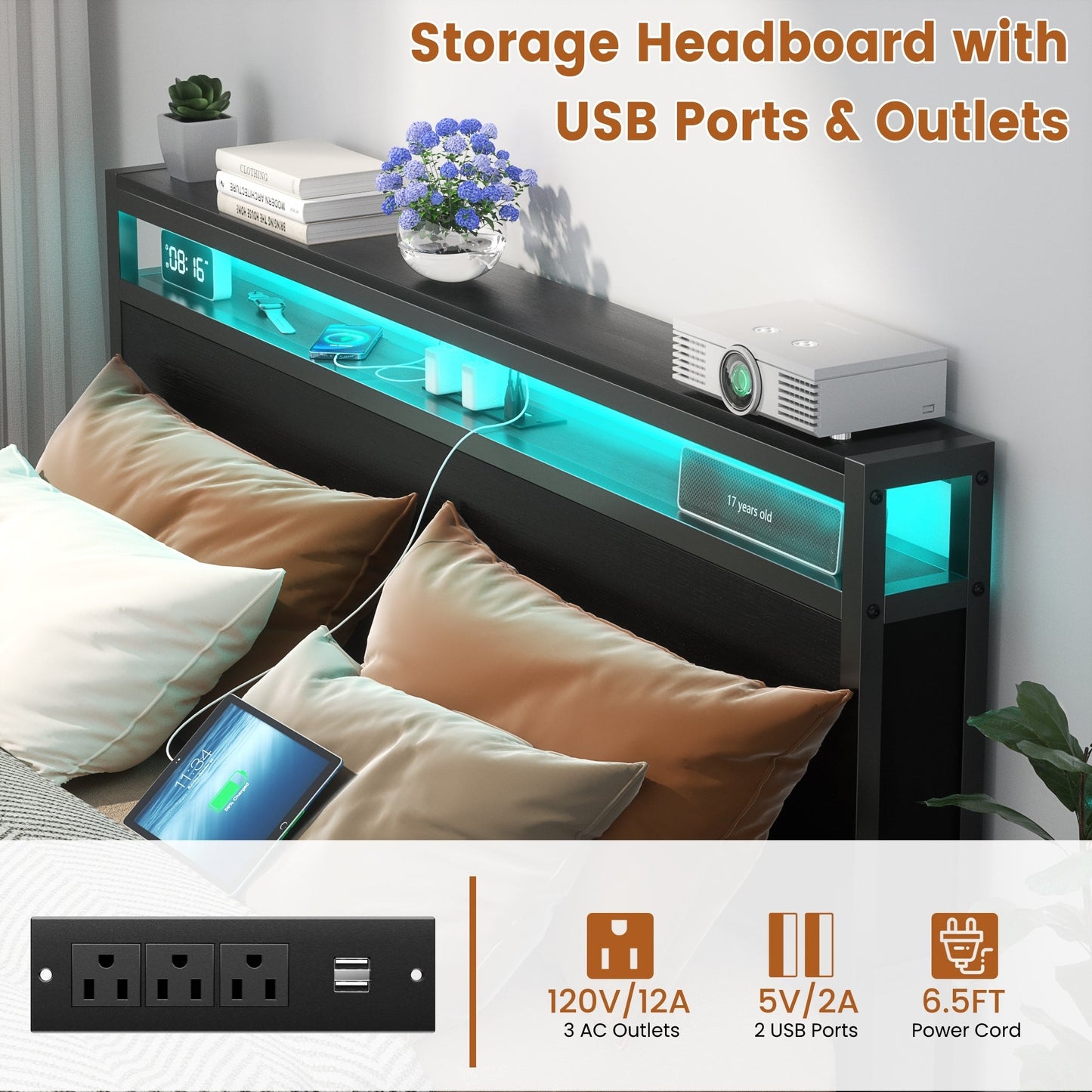 Cadre de lit plateforme en bois de style farmhouse avec station de recharge et lumières LED
