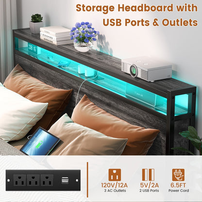 Cadre de lit plateforme en bois de style farmhouse avec station de recharge et lumières LED