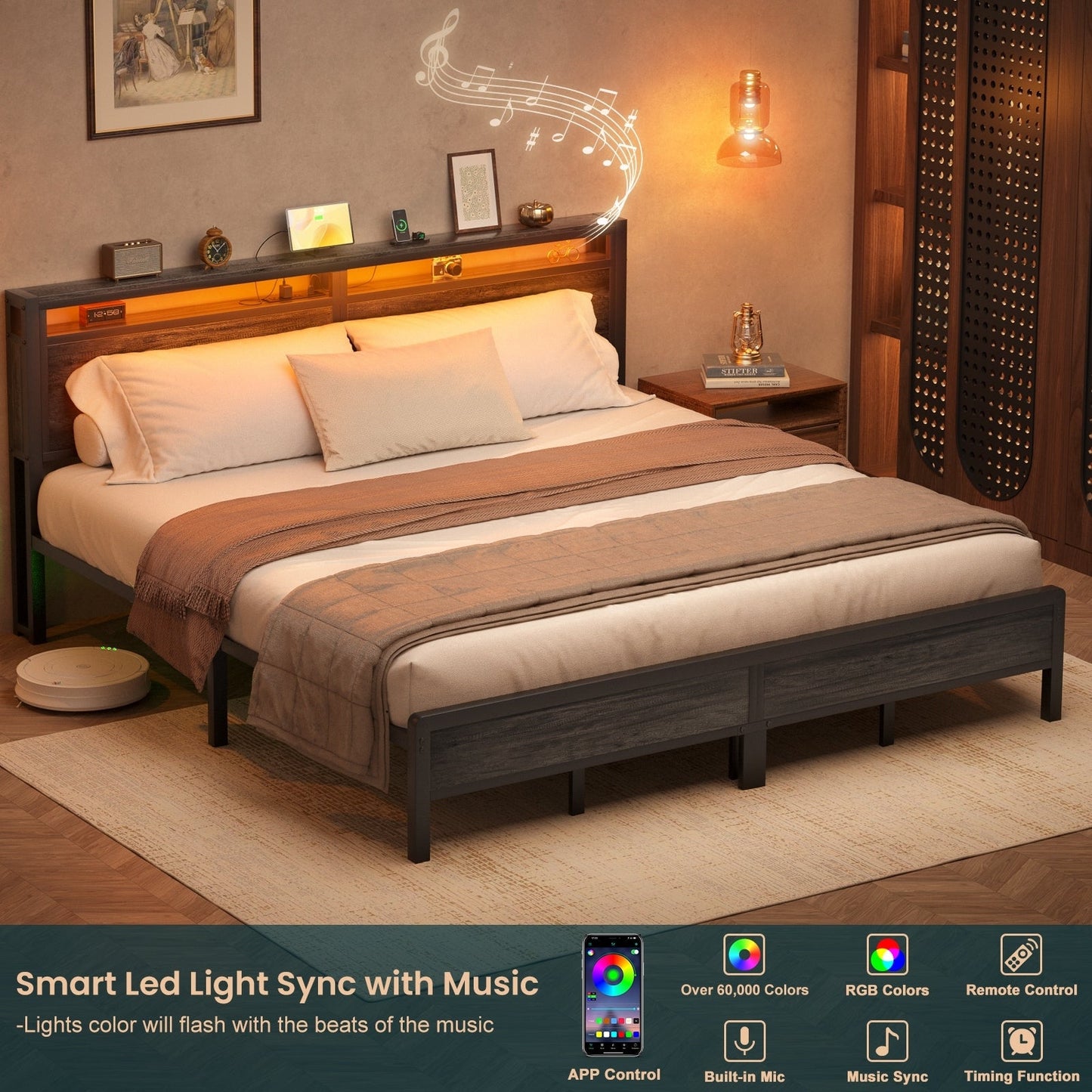 Cadre de lit plateforme en bois de style farmhouse avec station de recharge et lumières LED