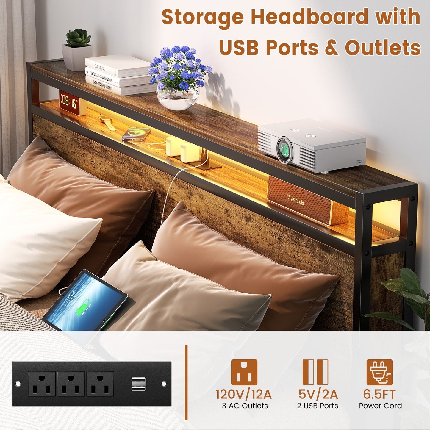 Cadre de lit plateforme en bois de style farmhouse avec station de recharge et lumières LED