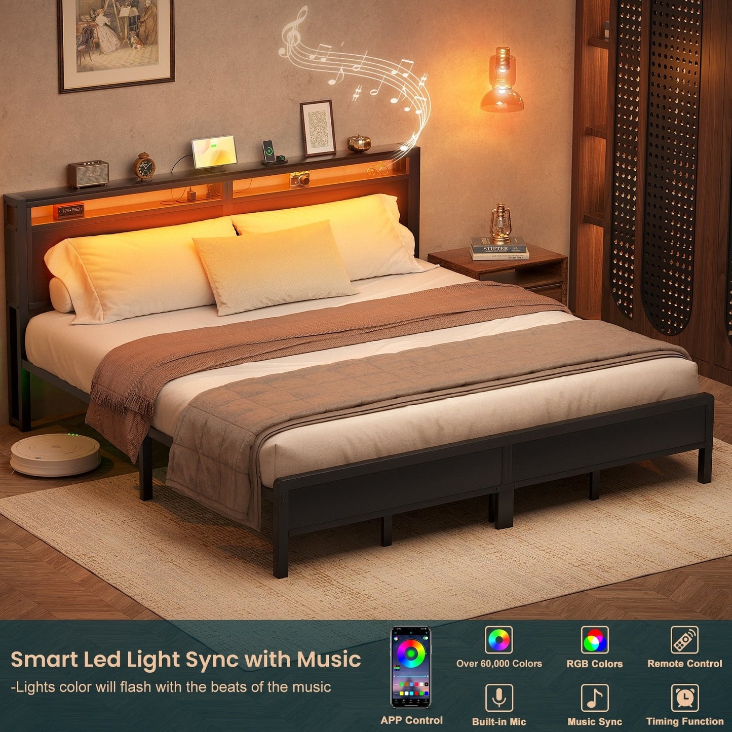 Cadre de lit plateforme en bois de style farmhouse avec station de recharge et lumières LED