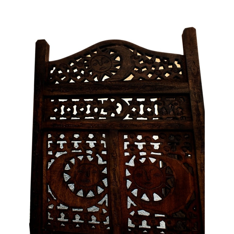 Paravent en bois pliable à 4 panneaux, design soleil et lune sculpté à la main, marron.