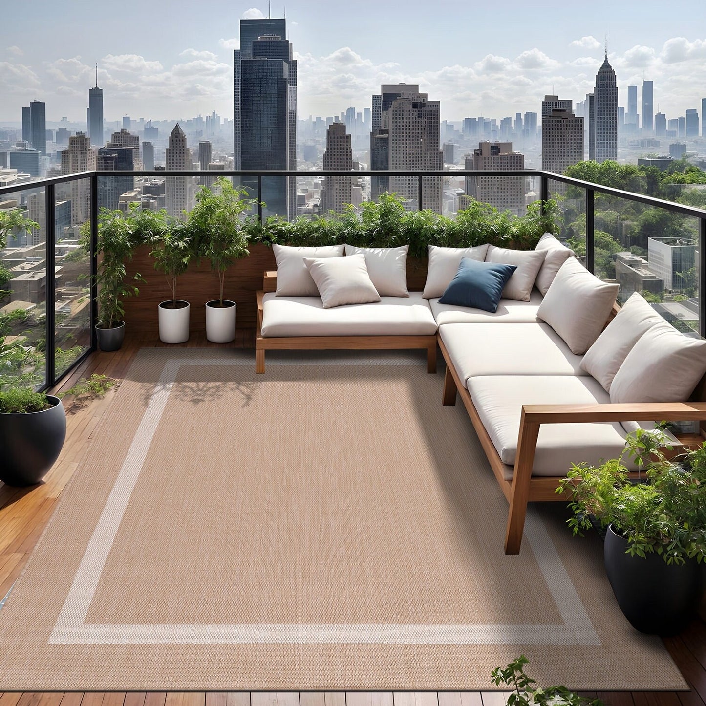 Beverly Rug Modern Bordered Indoor Outdoor Rug, Outside Carpet for Patio, Deck, Porch