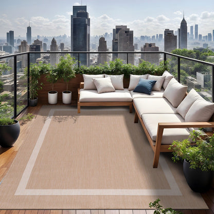 Beverly Rug Modern Bordered Indoor Outdoor Rug, Outside Carpet for Patio, Deck, Porch