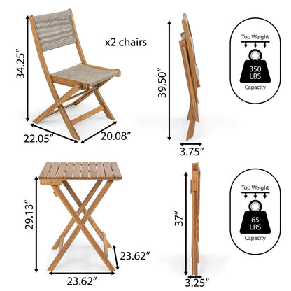 Cadiz Ensemble de bistro extérieur pliable en acacia à 3 pièces, style côtier moderne, par JONATHAN Y