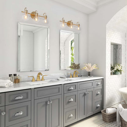 Applique murale moderne dorée à 3 lumières pour salle de bain, avec abat-jour sphérique en verre.