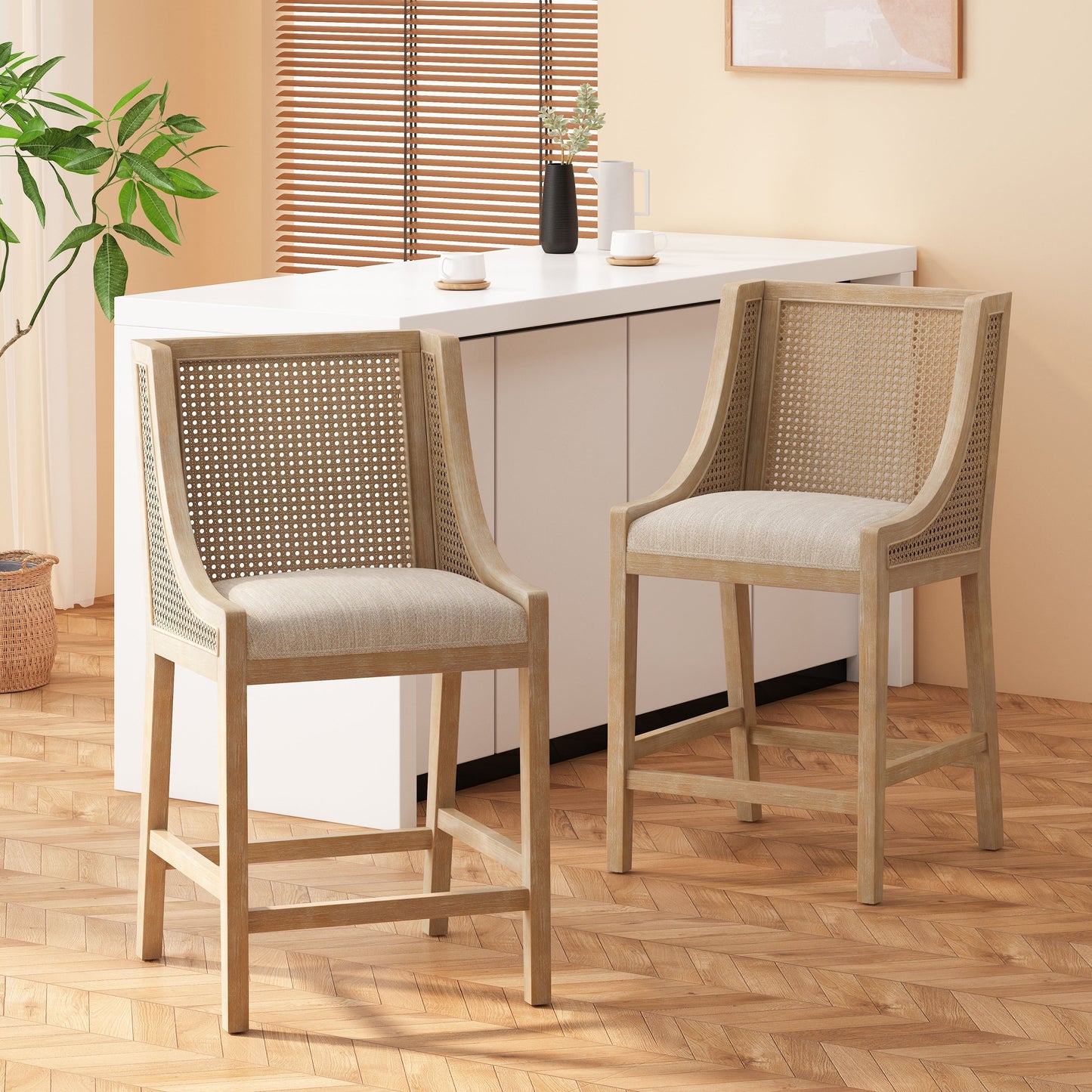 Christopher Knight Home, tabourets de bar Cataldo, pieds en bois et osier, revêtement en tissu, hauteur 65 cm (lot de 2)
