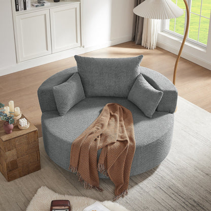Fauteuil de salon en forme de tonneau avec accoudoirs en chenille, chaise de salon ronde avec base pivotante à 360 degrés et 3 coussins amovibles.
