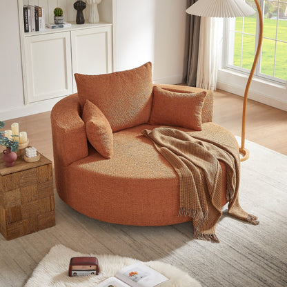 Fauteuil de salon en forme de tonneau avec accoudoirs en chenille, chaise de salon ronde avec base pivotante à 360 degrés et 3 coussins amovibles.