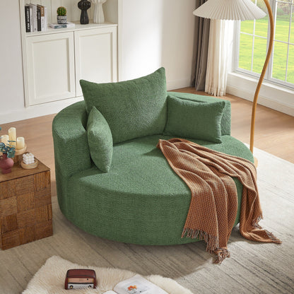 Fauteuil de salon en forme de tonneau avec accoudoirs en chenille, chaise de salon ronde avec base pivotante à 360 degrés et 3 coussins amovibles.