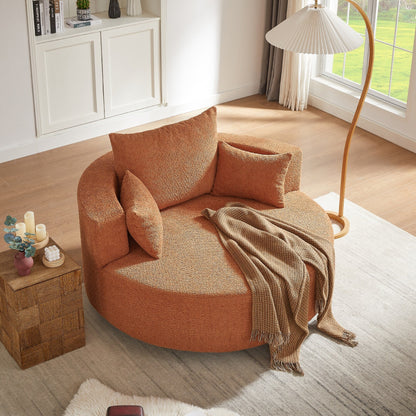 Fauteuil de salon en forme de tonneau avec accoudoirs en chenille, chaise de salon ronde avec base pivotante à 360 degrés et 3 coussins amovibles.