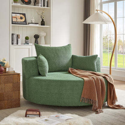 Fauteuil de salon en forme de tonneau avec accoudoirs en chenille, chaise de salon ronde avec base pivotante à 360 degrés et 3 coussins amovibles.