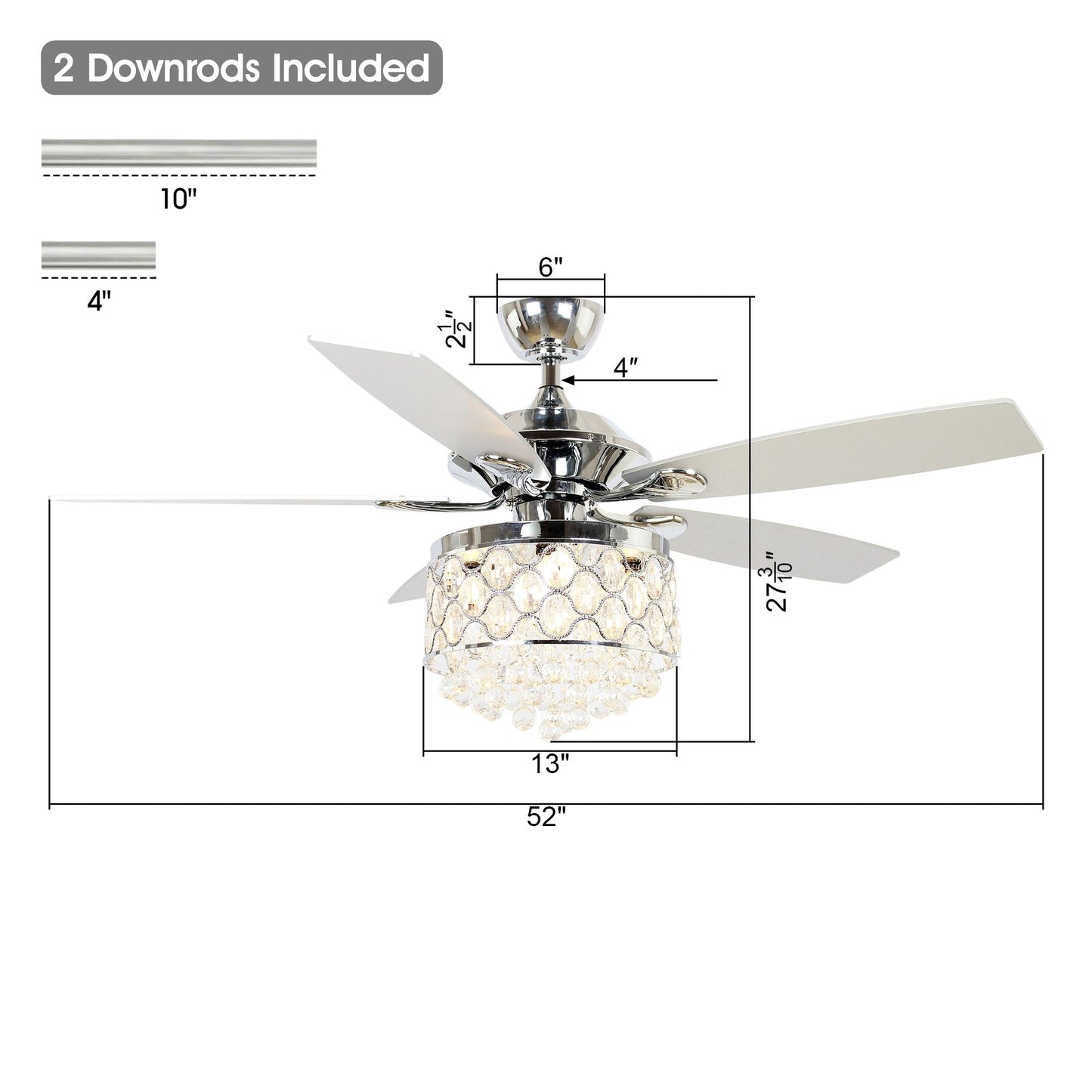 Luminaire à suspension/ventilateur de plafond à 4 lumières en chrome et cristal avec télécommande