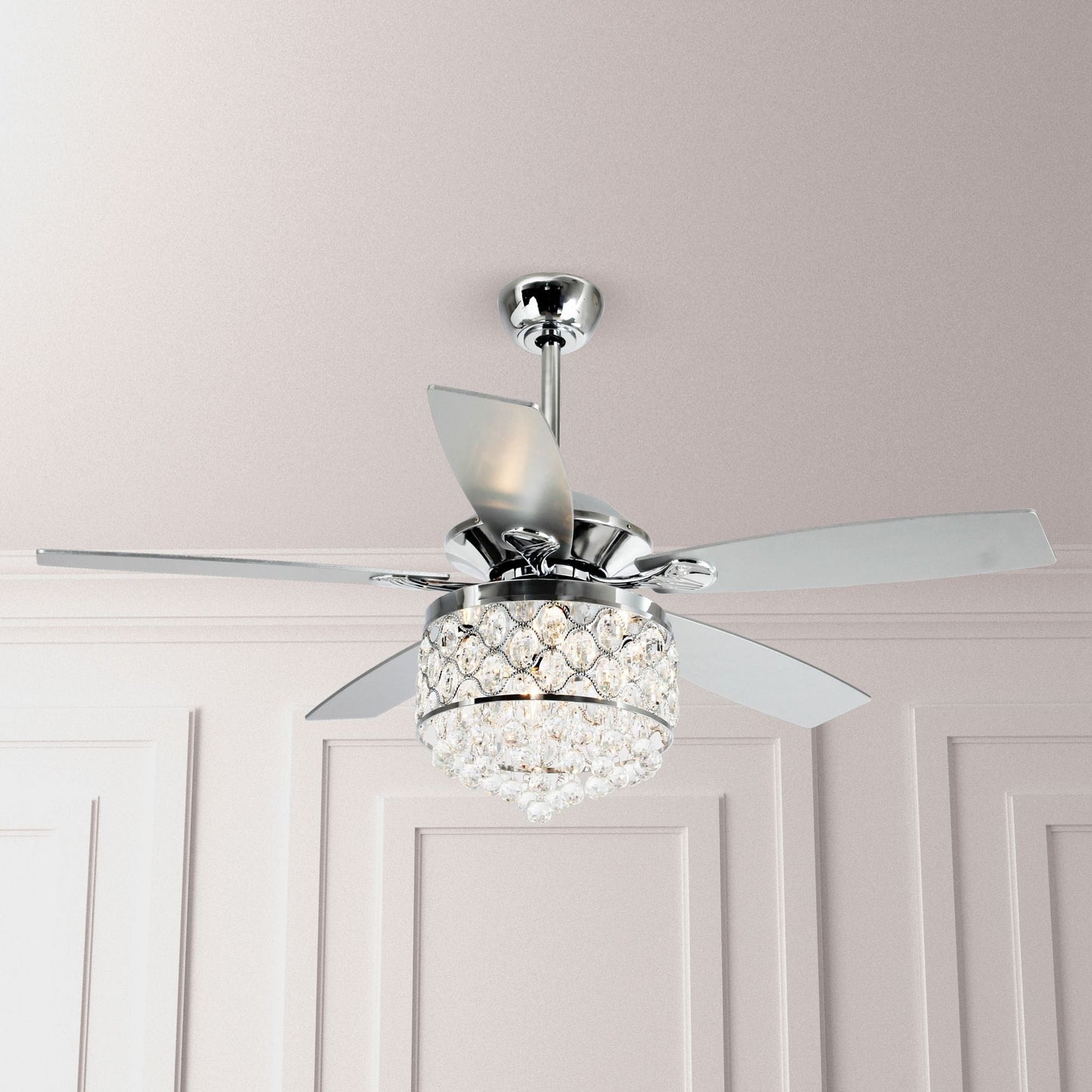 Luminaire à suspension/ventilateur de plafond à 4 lumières en chrome et cristal avec télécommande